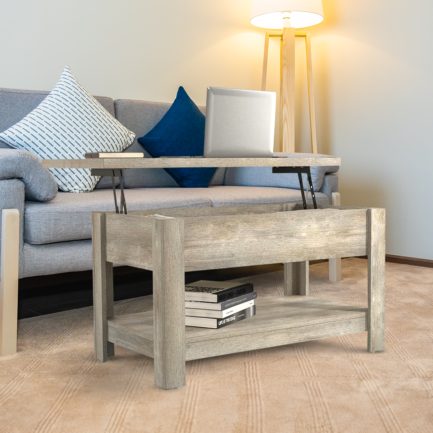 Concealed Transitional Wood Rectangle Lift Top Coffee Table