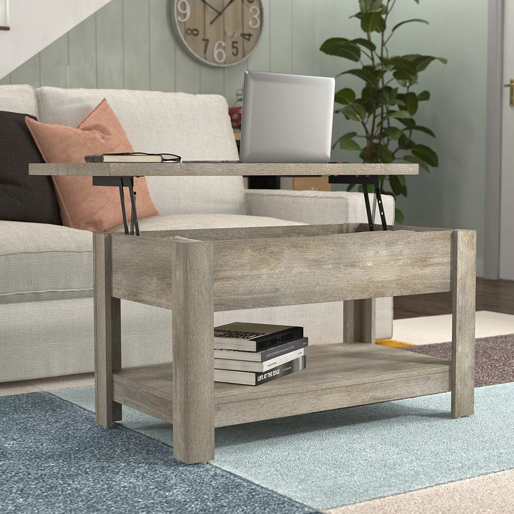 Concealed Transitional Wood Rectangle Lift Top Coffee Table